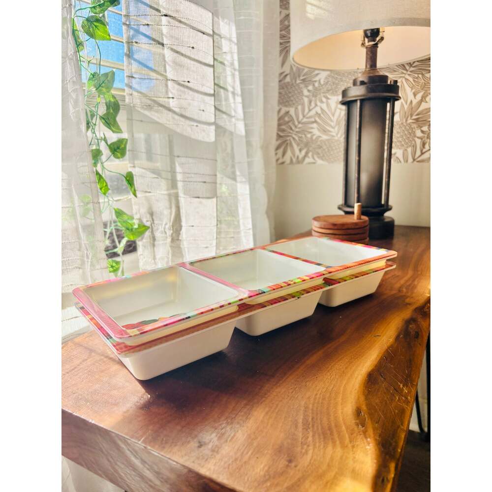 Evergreen Set 2 Triple Section Serving Trays Floral Fiesta Dip Appetizer Dishes - Picture 3 of 8